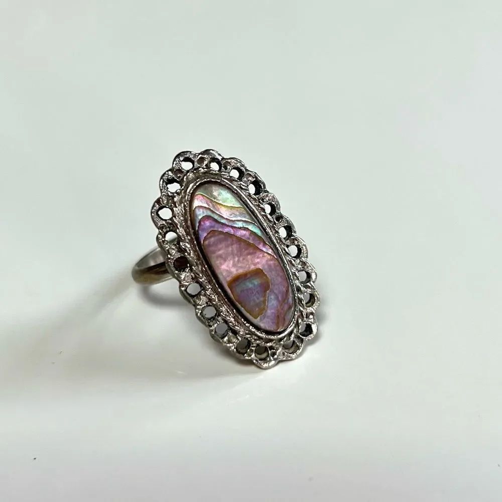 Vintage Silver Mexican Navajo Iridescent Abalone Moonstone Filigree Oval Ring